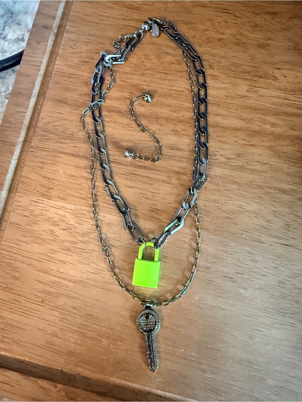 Layered Neon Green Padlock & Key Necklace - Women's Accessory